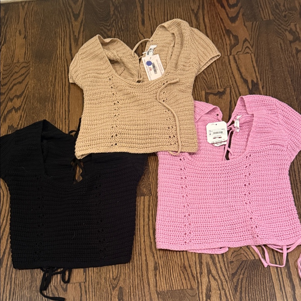 Women's Crochet Tie-Back Top - Pink, Black & Tan